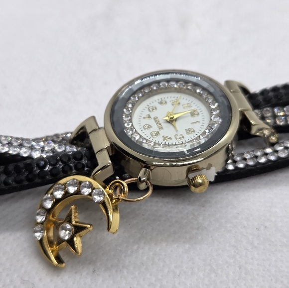 Source Unknown Accessories - Gold and Black Women's Quartz Watch with Crystal And Leather Charm Accents